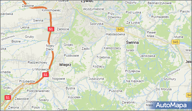 mapa Trzebinia gmina Świnna, Trzebinia gmina Świnna na mapie Targeo