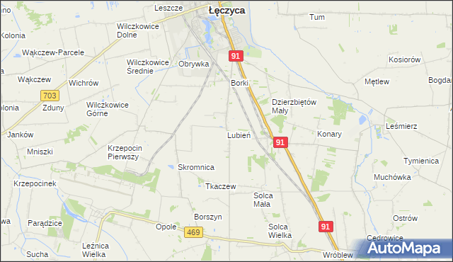 mapa Lubień gmina Łęczyca, Lubień gmina Łęczyca na mapie Targeo