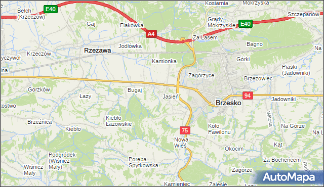 mapa Jasień gmina Brzesko, Jasień gmina Brzesko na mapie Targeo