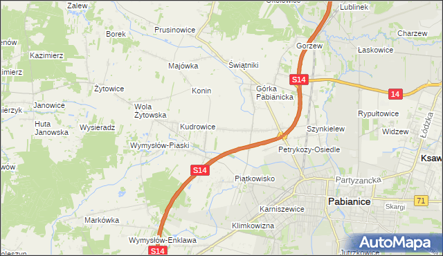 mapa Petrykozy gmina Pabianice, Petrykozy gmina Pabianice na mapie Targeo