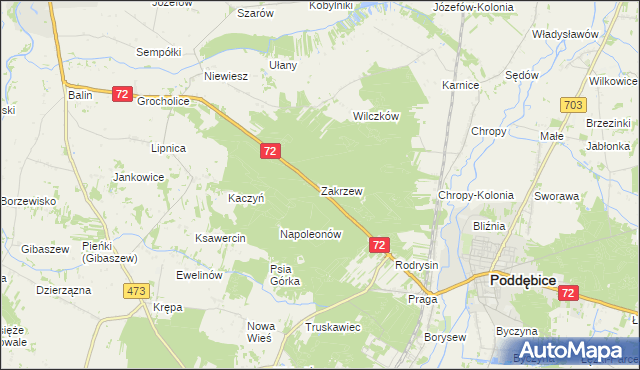 mapa Zakrzew gmina Poddębice, Zakrzew gmina Poddębice na mapie Targeo
