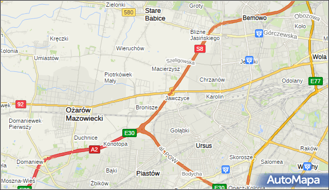mapa Jawczyce gmina Ożarów Mazowiecki, Jawczyce gmina Ożarów Mazowiecki na mapie Targeo
