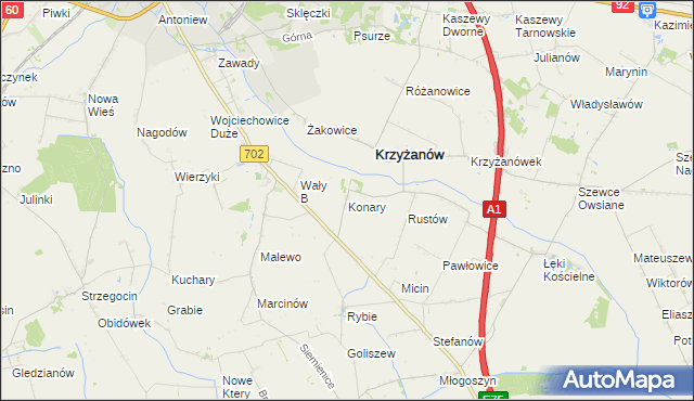 mapa Konary gmina Krzyżanów, Konary gmina Krzyżanów na mapie Targeo