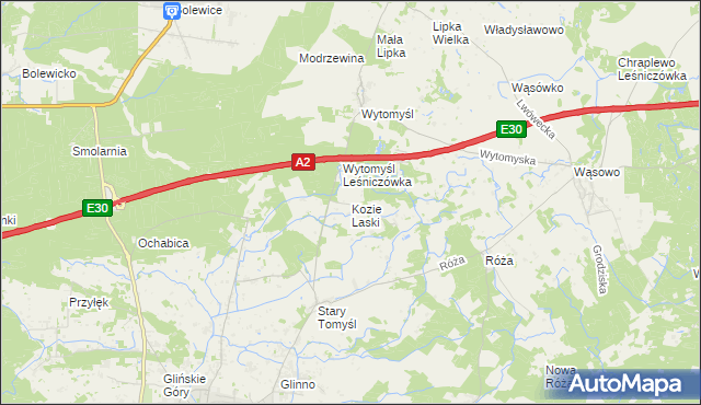 mapa Kozie Laski gmina Nowy Tomyśl, Kozie Laski gmina Nowy Tomyśl na mapie Targeo