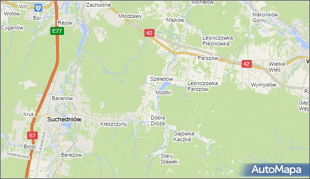 mapa Mostki gmina Suchedniów, Mostki gmina Suchedniów na mapie Targeo