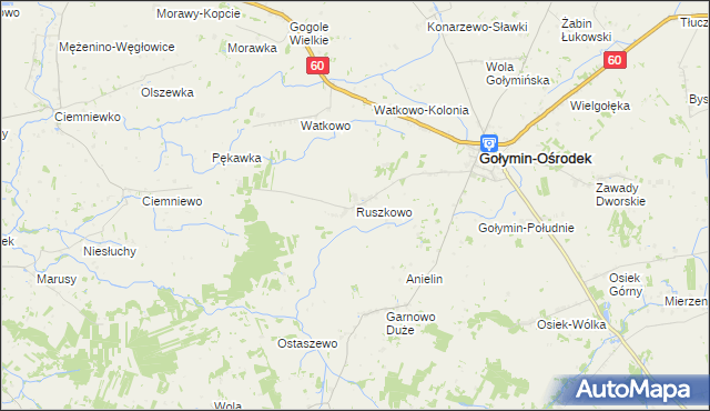 mapa Ruszkowo gmina Gołymin-Ośrodek, Ruszkowo gmina Gołymin-Ośrodek na mapie Targeo