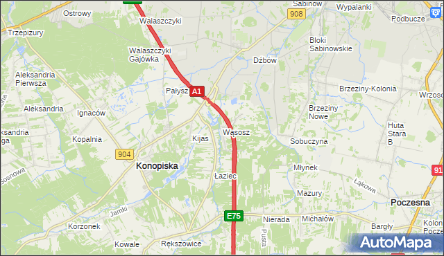 mapa Wąsosz gmina Konopiska, Wąsosz gmina Konopiska na mapie Targeo