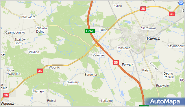 mapa Załęcze gmina Rawicz, Załęcze gmina Rawicz na mapie Targeo