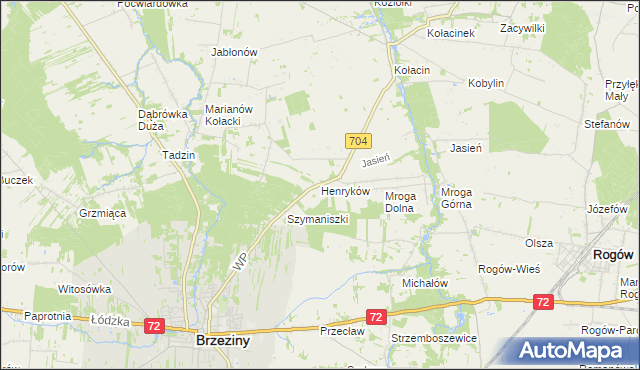 mapa Henryków gmina Brzeziny, Henryków gmina Brzeziny na mapie Targeo