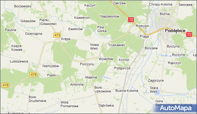 mapa Wylazłów gmina Poddębice, Wylazłów gmina Poddębice na mapie Targeo