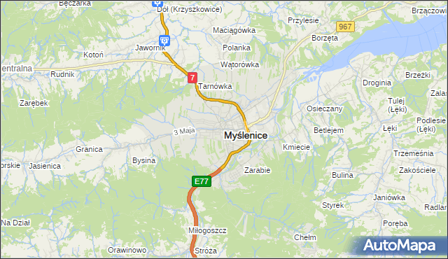 mapa Myślenice, Myślenice na mapie Targeo