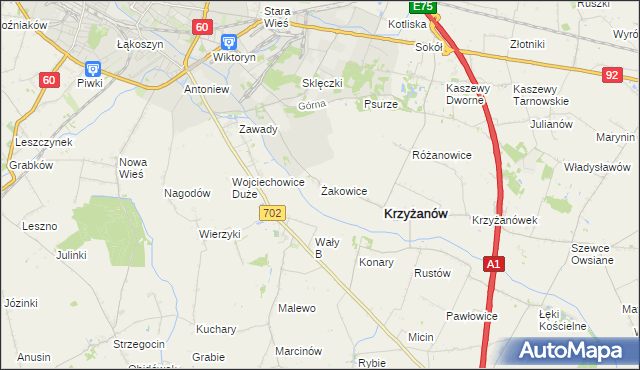 mapa Żakowice gmina Krzyżanów, Żakowice gmina Krzyżanów na mapie Targeo