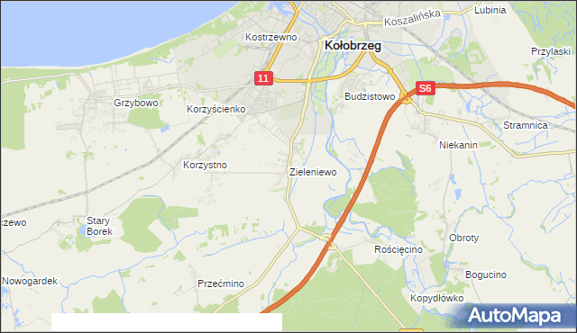 mapa Zieleniewo gmina Kołobrzeg, Zieleniewo gmina Kołobrzeg na mapie Targeo