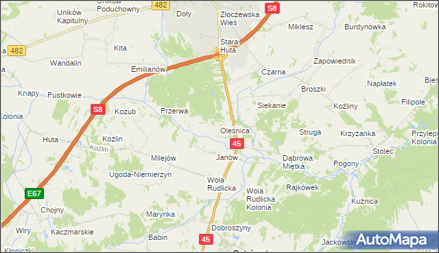 mapa Oleśnica gmina Ostrówek, Oleśnica gmina Ostrówek na mapie Targeo