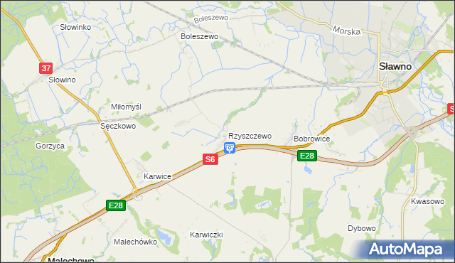 mapa Rzyszczewo gmina Sławno, Rzyszczewo gmina Sławno na mapie Targeo