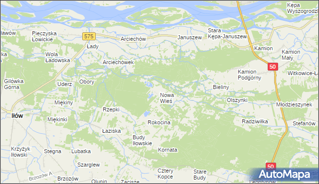 mapa Nowa Wieś gmina Młodzieszyn, Nowa Wieś gmina Młodzieszyn na mapie Targeo