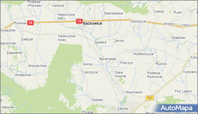 mapa Baranówek gmina Baćkowice, Baranówek gmina Baćkowice na mapie Targeo