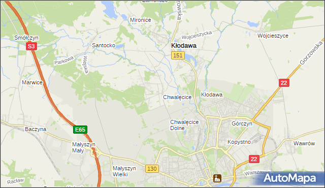mapa Chwalęcice gmina Kłodawa, Chwalęcice gmina Kłodawa na mapie Targeo