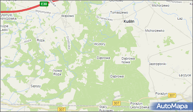 mapa Dąbrowa gmina Kuślin, Dąbrowa gmina Kuślin na mapie Targeo
