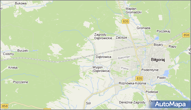 mapa Dąbrowica gmina Biłgoraj, Dąbrowica gmina Biłgoraj na mapie Targeo