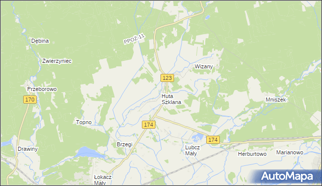 mapa Huta Szklana gmina Krzyż Wielkopolski, Huta Szklana gmina Krzyż Wielkopolski na mapie Targeo