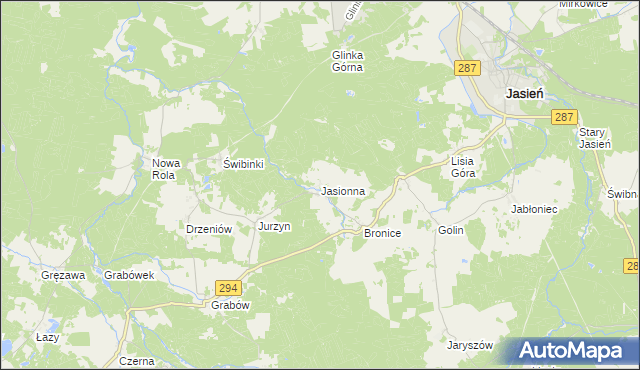 mapa Jasionna gmina Jasień, Jasionna gmina Jasień na mapie Targeo