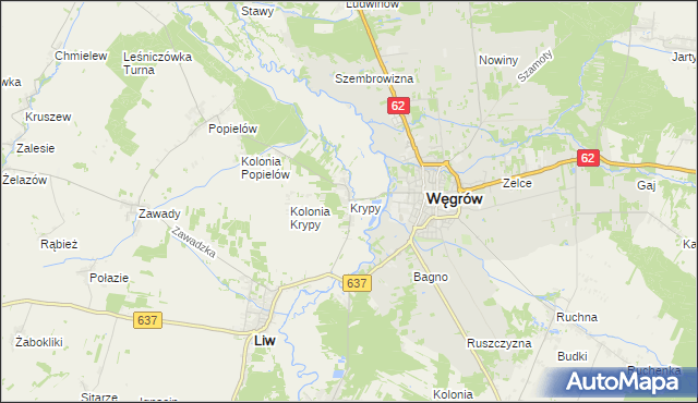 mapa Krypy gmina Liw, Krypy gmina Liw na mapie Targeo