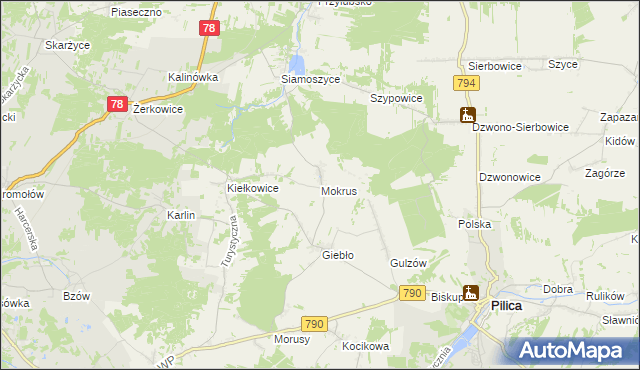 mapa Mokrus gmina Ogrodzieniec, Mokrus gmina Ogrodzieniec na mapie Targeo