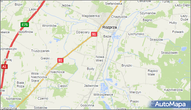 mapa Nowa Wieś gmina Rozprza, Nowa Wieś gmina Rozprza na mapie Targeo