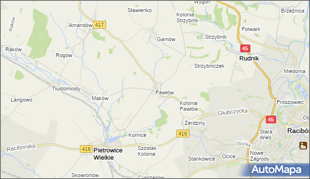 mapa Pawłów gmina Pietrowice Wielkie, Pawłów gmina Pietrowice Wielkie na mapie Targeo