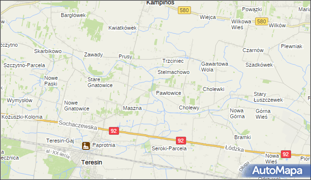 mapa Pawłowice gmina Teresin, Pawłowice gmina Teresin na mapie Targeo