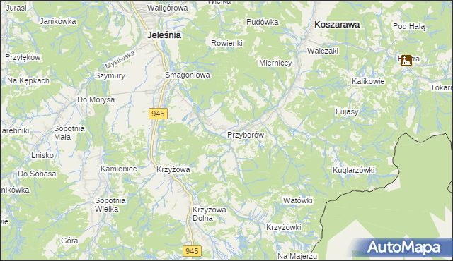 mapa Przyborów gmina Jeleśnia, Przyborów gmina Jeleśnia na mapie Targeo