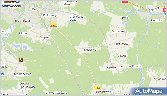 mapa Sługocice gmina Tomaszów Mazowiecki, Sługocice gmina Tomaszów Mazowiecki na mapie Targeo