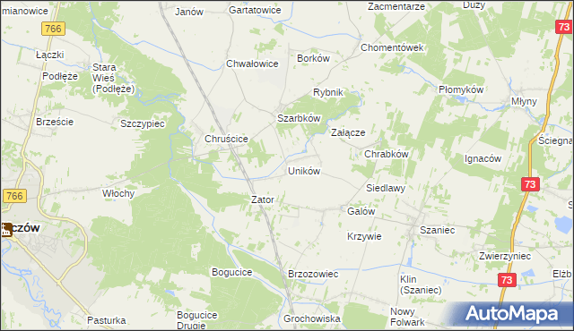 mapa Uników gmina Pińczów, Uników gmina Pińczów na mapie Targeo