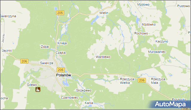 mapa Warblewo gmina Polanów, Warblewo gmina Polanów na mapie Targeo