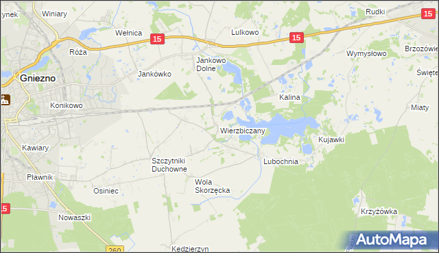 mapa Wierzbiczany gmina Gniezno, Wierzbiczany gmina Gniezno na mapie Targeo