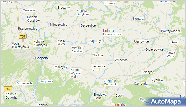 mapa Wolica gmina Bogoria, Wolica gmina Bogoria na mapie Targeo
