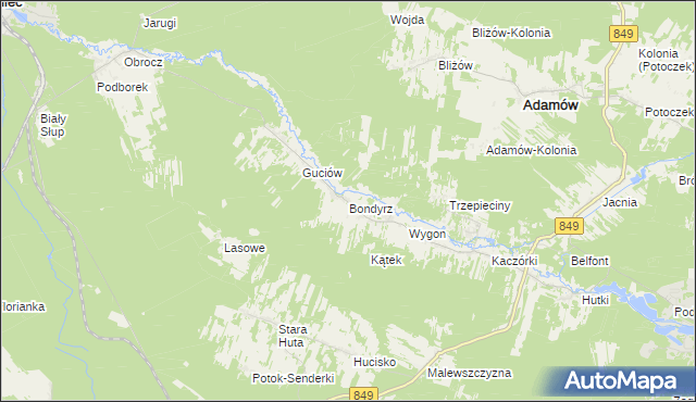 mapa Bondyrz gmina Adamów, Bondyrz gmina Adamów na mapie Targeo