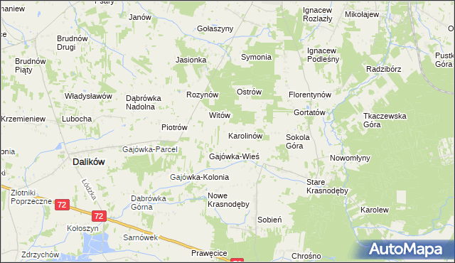 mapa Karolinów gmina Dalików, Karolinów gmina Dalików na mapie Targeo