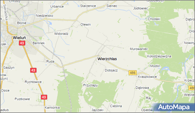 mapa Wierzchlas powiat wieluński, Wierzchlas powiat wieluński na mapie Targeo