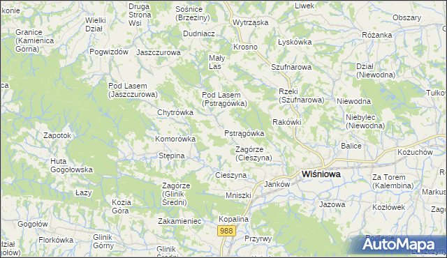 mapa Pstrągówka gmina Wiśniowa, Pstrągówka gmina Wiśniowa na mapie Targeo