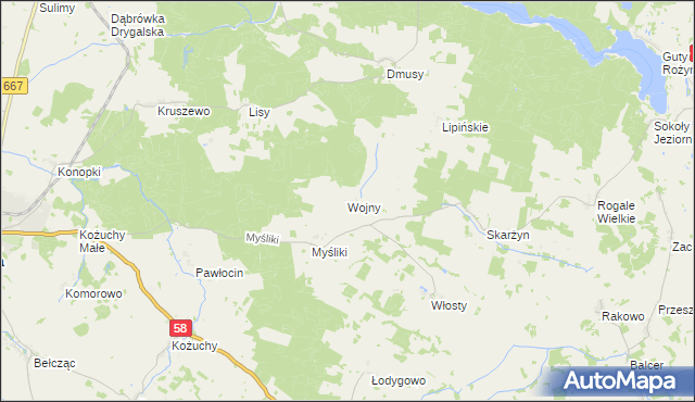 mapa Wojny gmina Biała Piska, Wojny gmina Biała Piska na mapie Targeo