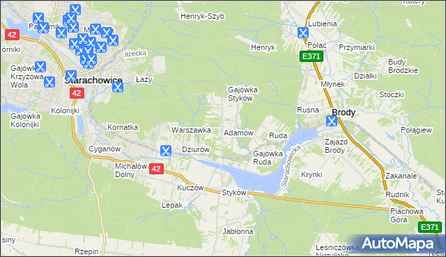 mapa Adamów gmina Brody, Adamów gmina Brody na mapie Targeo