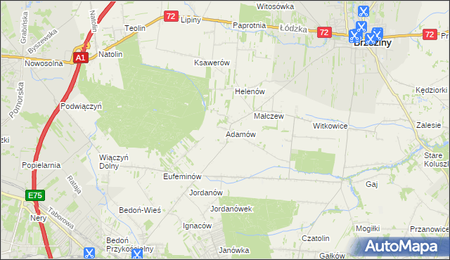 mapa Adamów gmina Brzeziny, Adamów gmina Brzeziny na mapie Targeo