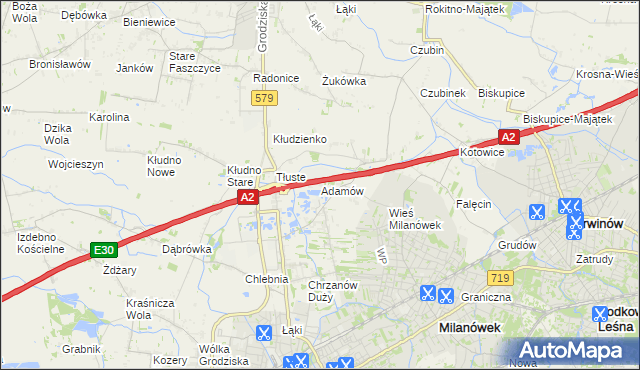 mapa Adamów gmina Grodzisk Mazowiecki, Adamów gmina Grodzisk Mazowiecki na mapie Targeo