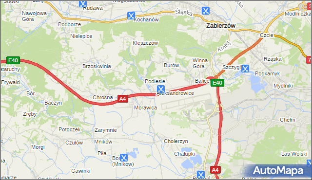 mapa Aleksandrowice gmina Zabierzów, Aleksandrowice gmina Zabierzów na mapie Targeo