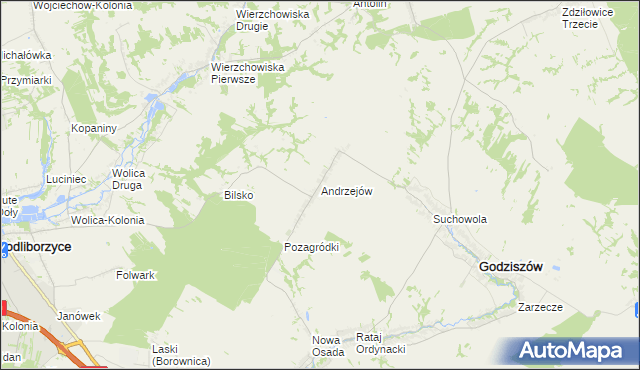 mapa Andrzejów gmina Godziszów, Andrzejów gmina Godziszów na mapie Targeo