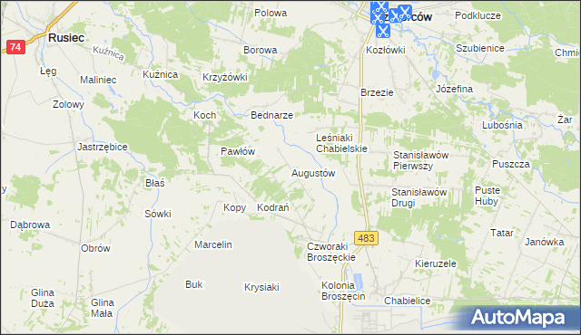 mapa Augustów gmina Rząśnia, Augustów gmina Rząśnia na mapie Targeo