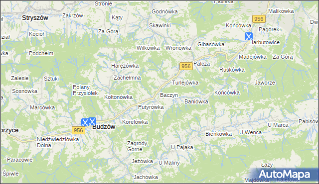 mapa Baczyn gmina Budzów, Baczyn gmina Budzów na mapie Targeo