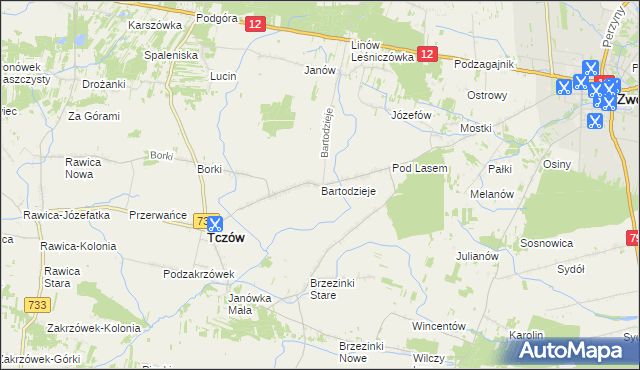 mapa Bartodzieje gmina Tczów, Bartodzieje gmina Tczów na mapie Targeo